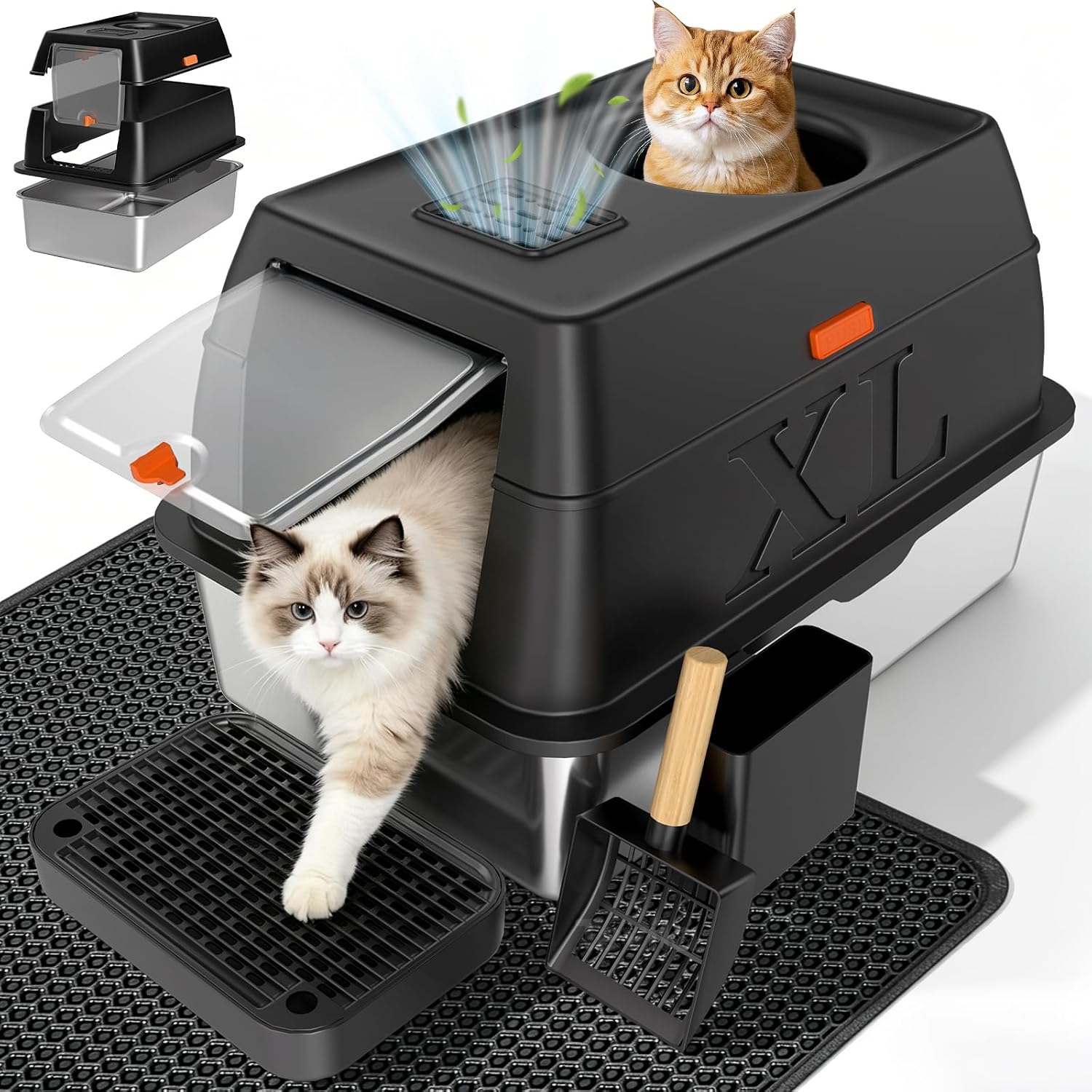 Detalle de Tevila Black-1Pack XL Enclosed Stainless Steel Cat Litter Box with Scoop & Mat