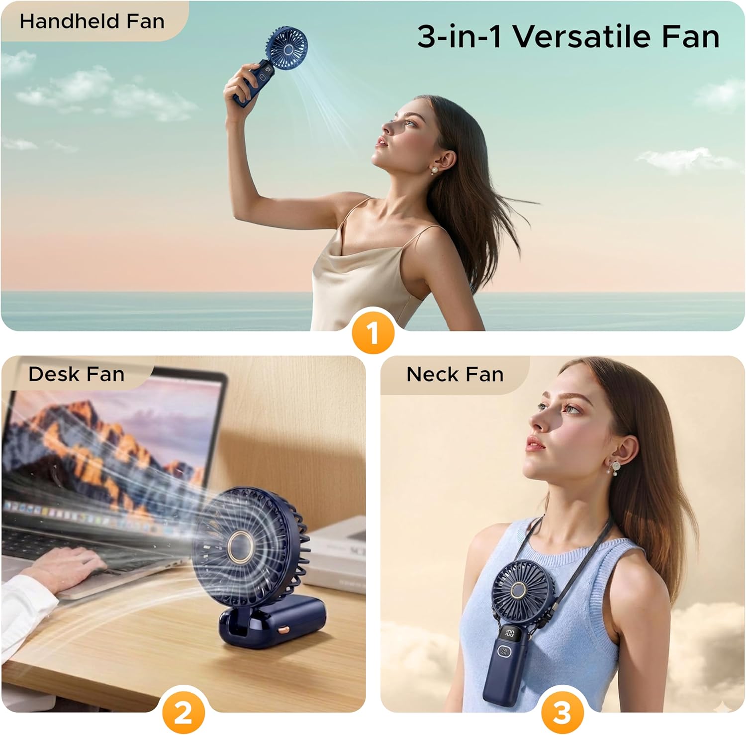Detalle de EcoNour Portable Handheld Turbo Fan – 5 Gear High Speed, 3000mAh Battery, Black