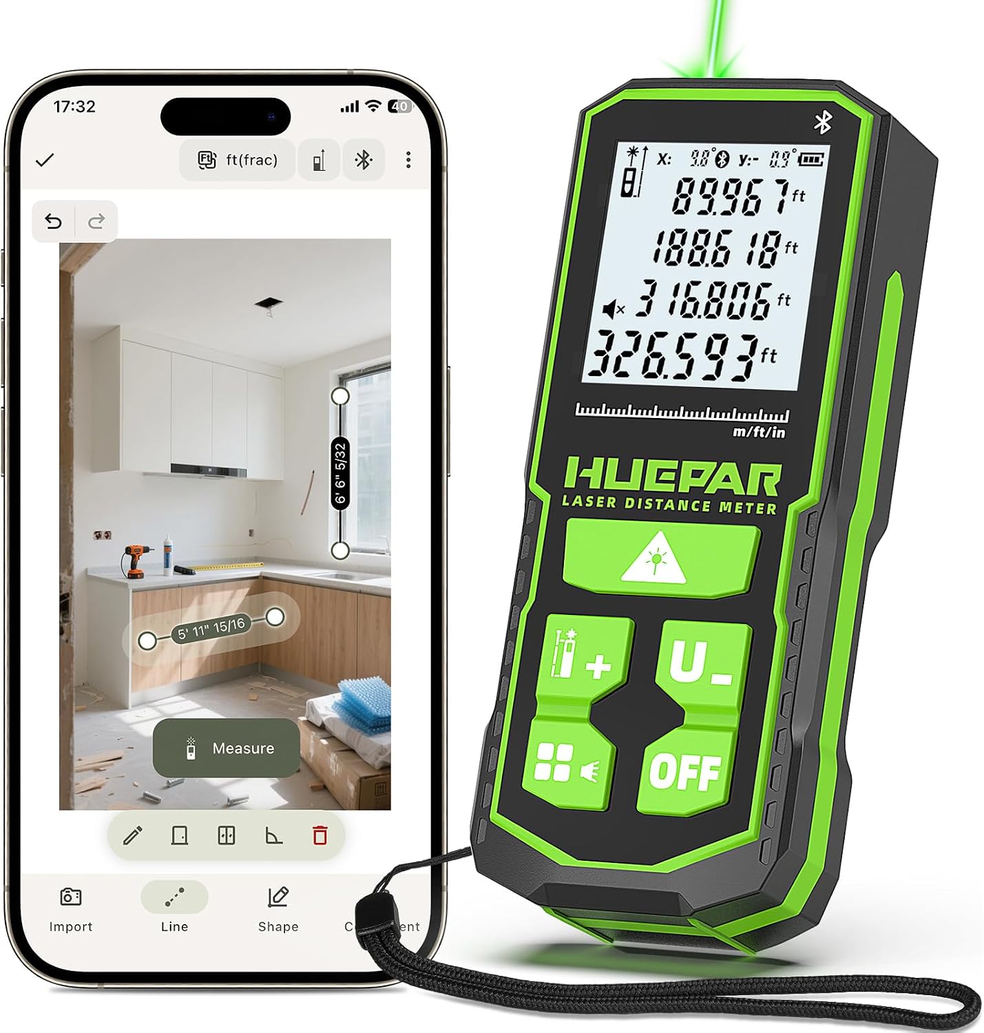 Detalle de Huepar S100G-BT Laser Distance Meter with Bluetooth, Green Laser and Angle Sensor