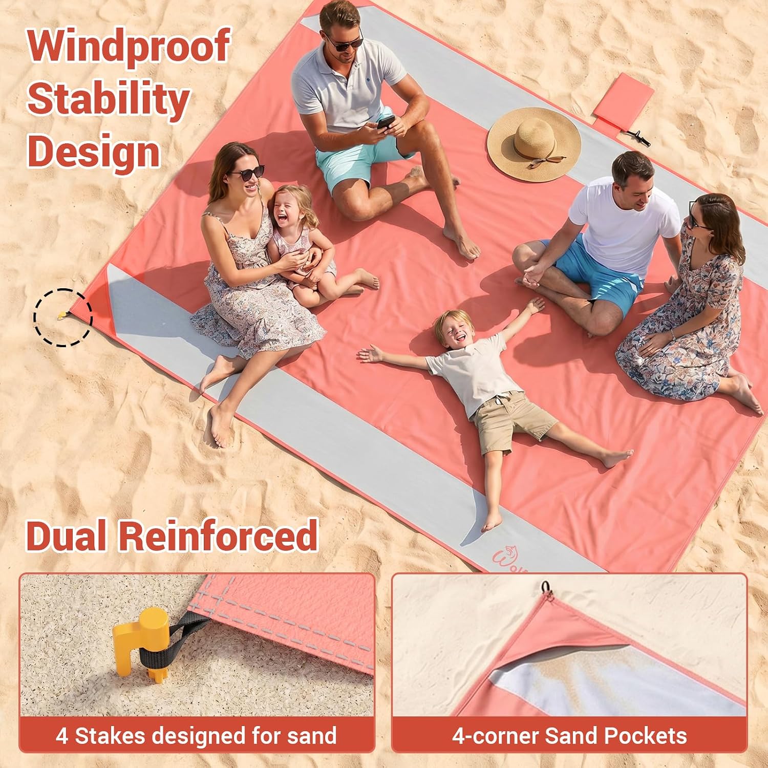 Detalle 2 de Wolfwise Beach Blanket, 274 x 200 cm Waterproof Sandproof Mat, Pink