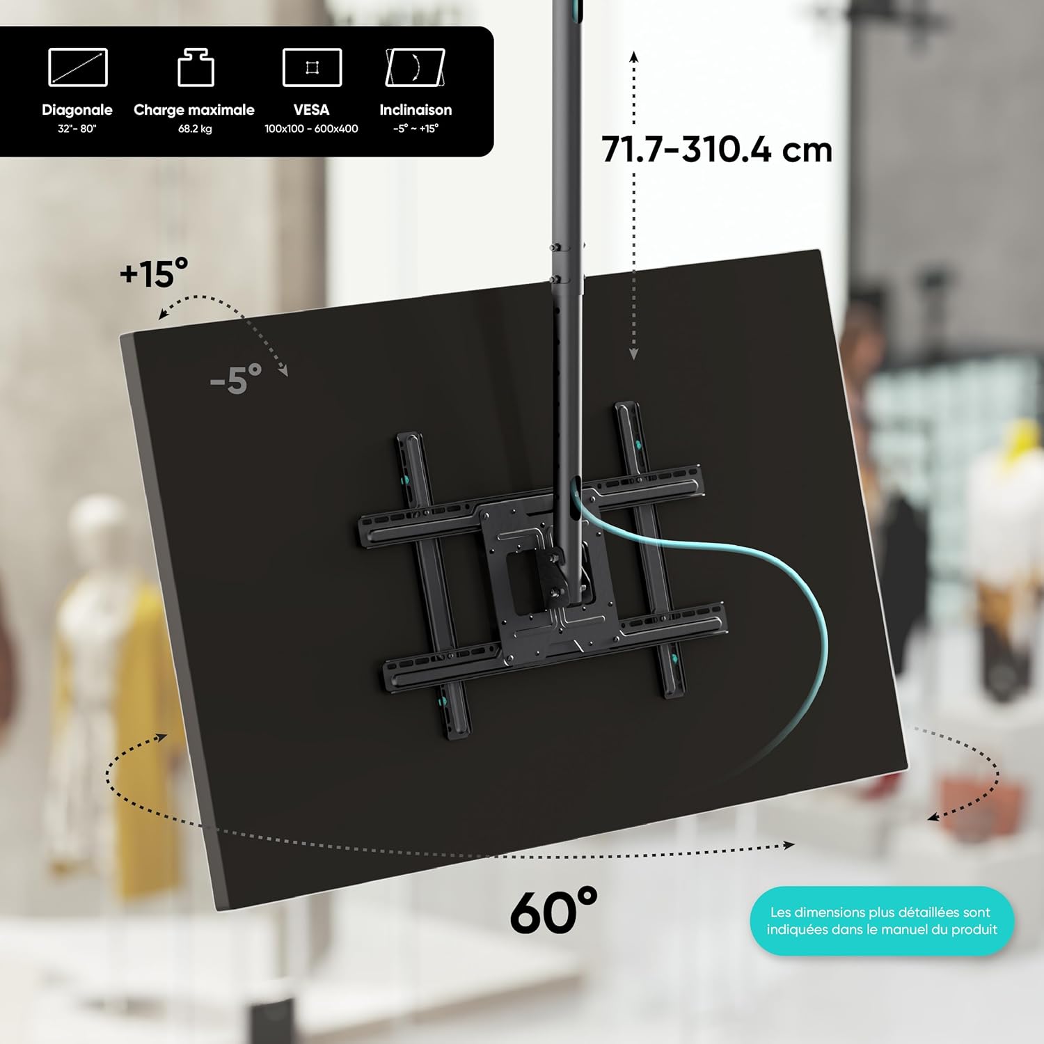 Thumbnail 2 de ONKRON Support TV Plafond Long N2L-B pour TV 32 à 80 pouces (VESA 100x100 à 600x400)