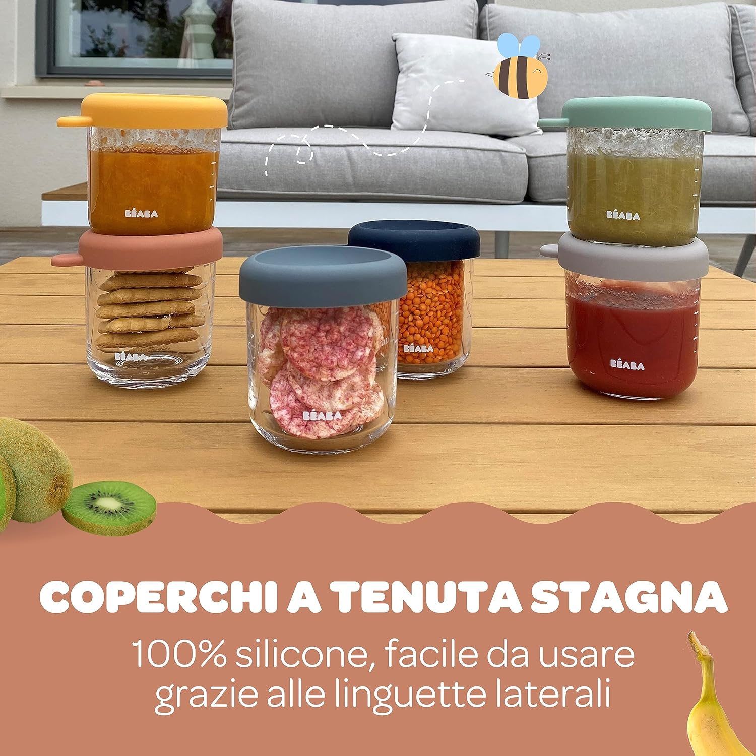 Detalle de BÉABA Set di 6 Vasetti in Vetro da 250 ml per Pappe: graduati, termoresistenti e con coperchi colorati