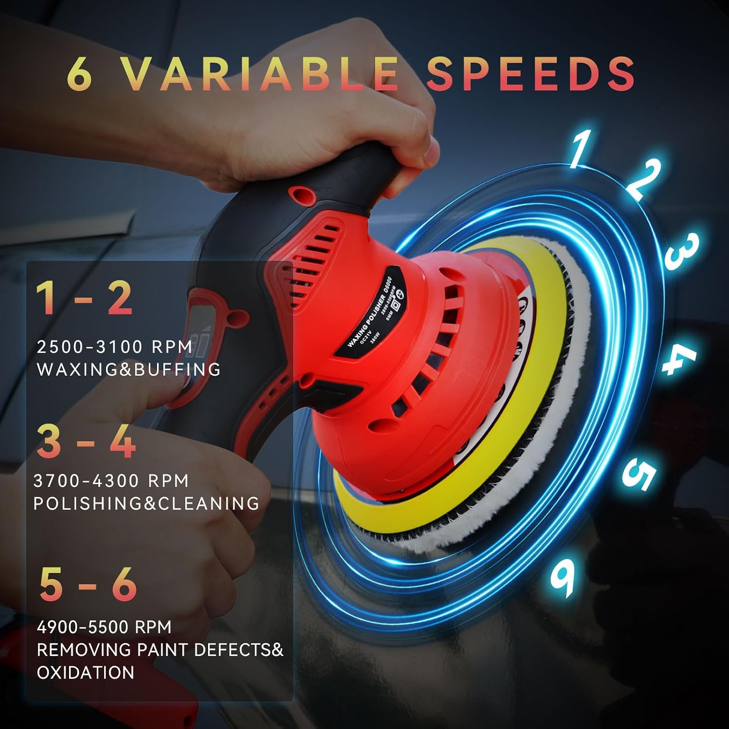 Detalle 2 de Alrigon Red 6-Inch Cordless Orbital Buffer, Brushless Motor, 6 Speeds