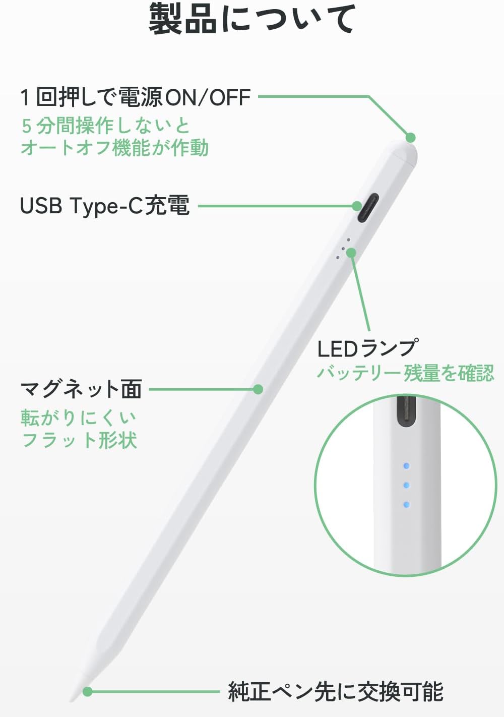 Detalle 2 de エレコム P-TPACSTAP13WWH iPad用タッチペン 1.6mmペン先・傾き検知・急速充電