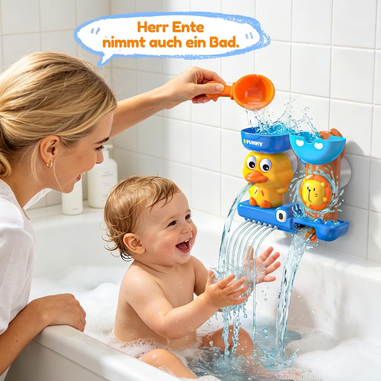 Detalle 2 de Badespielzeug ab 1-3 Jahren für Jungen – Wasserfluss- und Sprüheffekte, Badeente + Löffel