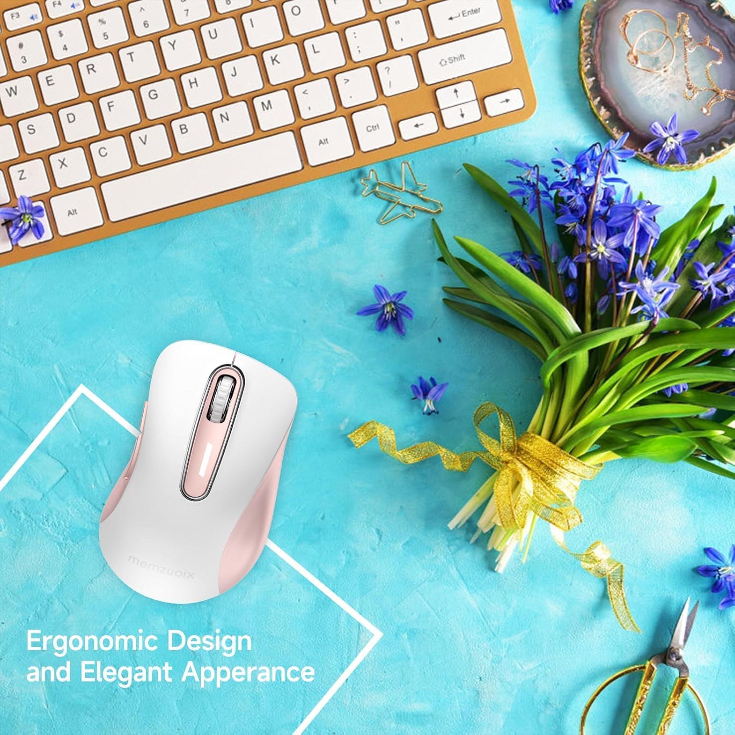 Detalle 2 de Memzuoix 2.4G Wireless Mouse (1400 DPI) – 5 Buttons, Portable Optical Cordless with USB Receiver (White Pink)