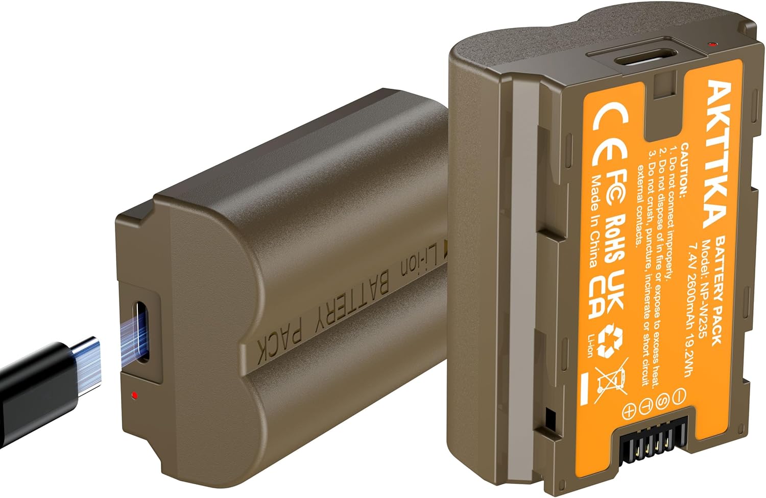 Detalle de Kit AKTTKA NP-W235 – 2x 2600 mAh avec station de charge USB-C pour Fuji X-T4/X-T5 et GFX/X-H2S