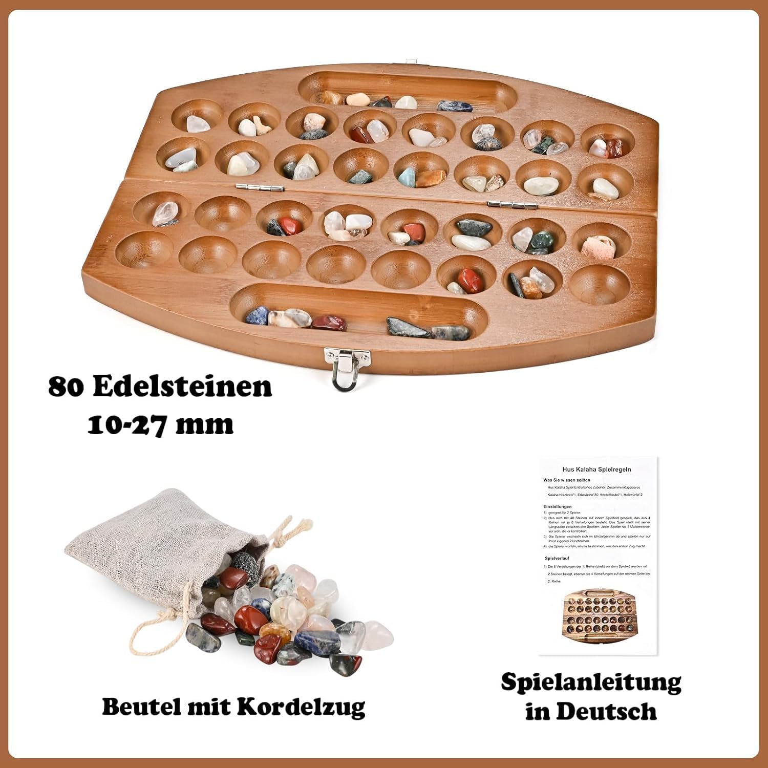 Thumbnail 4 de Wooderma Hus Bao Kalaha Mancala-Spiel aus Holz mit Edelsteinen – Strategiespiel für 2 Spieler