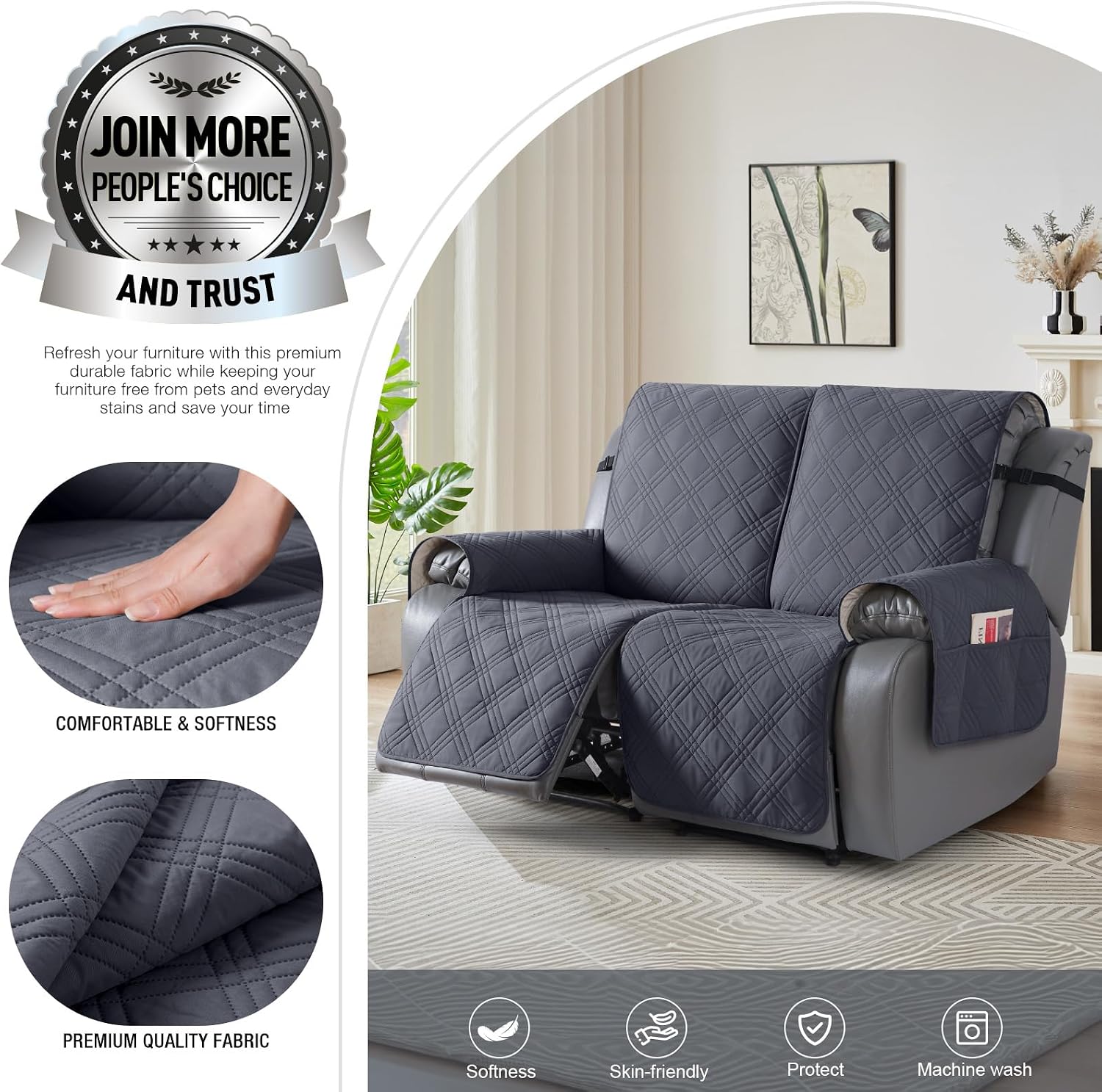 Detalle 2 de TAOCOCO JS-CA-MRS-2ST-BG-1 Waterproof 2-Seater Recliner Cover, Dark Grey