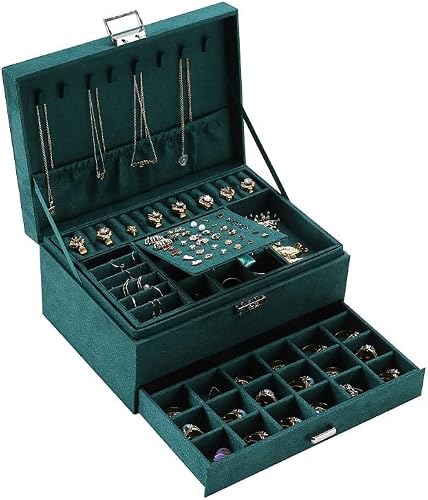Detalle 2 de Lumcoyee Jewellery Organisers Box for Women & Girls, 3-Tier & 2 Drawers, Green