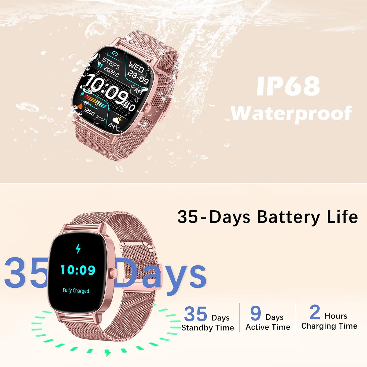 Thumbnail 6 de Smart Watches for Women with 1.85'' HD Screen, Health Monitoring, and Dual Straps – Rose Gold