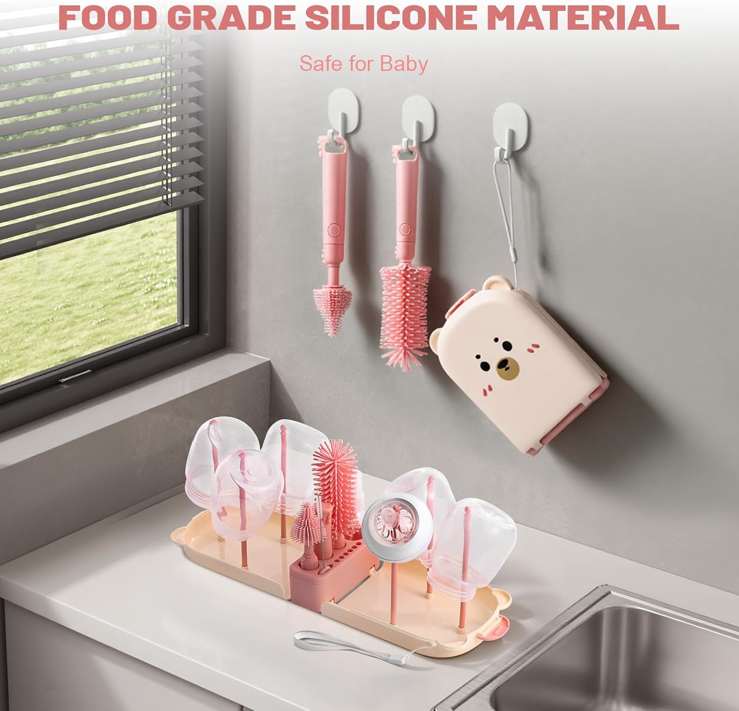Thumbnail 1 de Hranio Baby Bottle Brushes Set with Travel Drying Rack and Soap Dispenser (Pink)