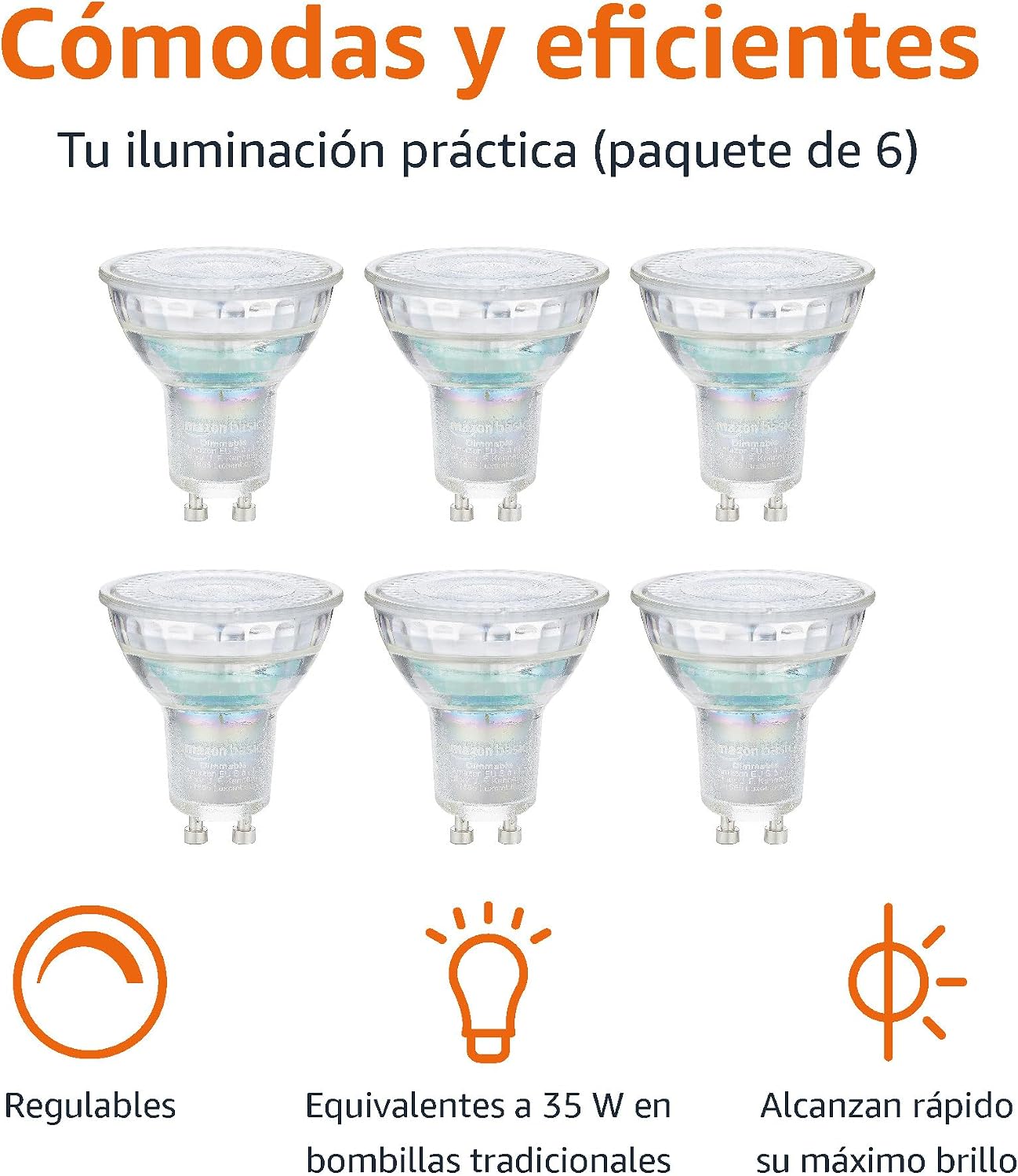 Detalle de Amazon Basics Focos LED GU10 Regulables, 6 unidades, blanco frío