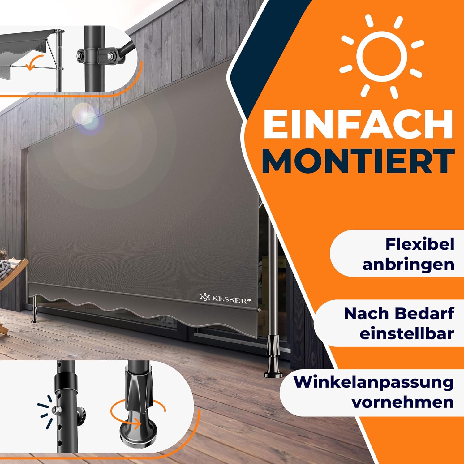 Thumbnail 6 de KESSER Klemmmarkise mit Handkurbel für den Balkon (150 cm) – UV-beständig, ohne Bohren