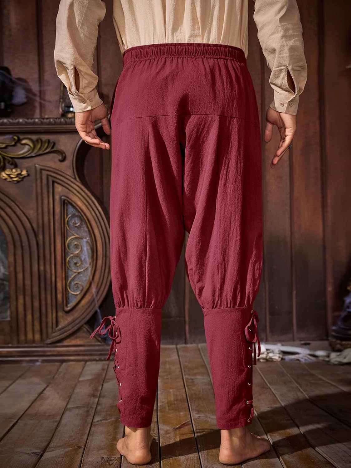 Detalle de Runcati G6R963 Men’s Medieval Costume Pants, Cotton with Lace-Up Cuffs