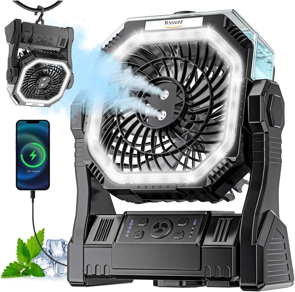 Detalle de Kssvzz Camping Fan, 20,000mAh Misting Fan with LED Light and Timer