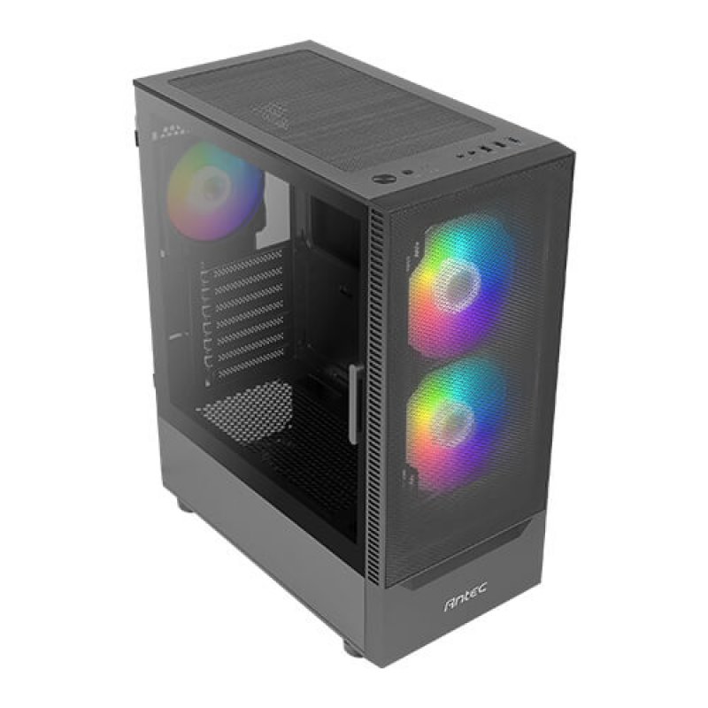 Detalle de Antec NX410: torre gaming en gris con ARGB, USB 3.0 y refrigeración líquida hasta 360 mm
