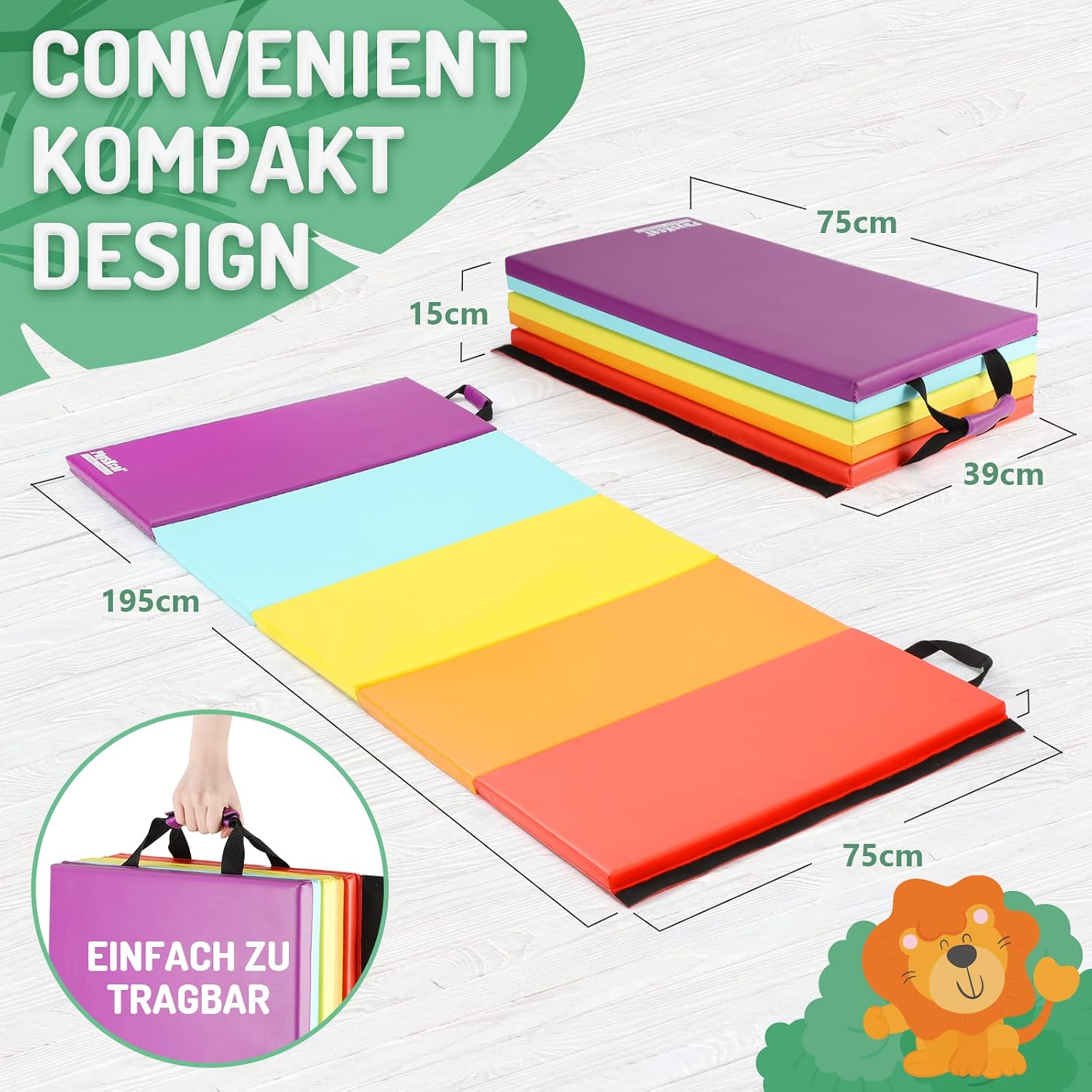 Detalle de PhysKcal 5 Panel Klappbare Weichbodenmatte – 195 x 75 x 3 cm für Kinder und Heimtraining