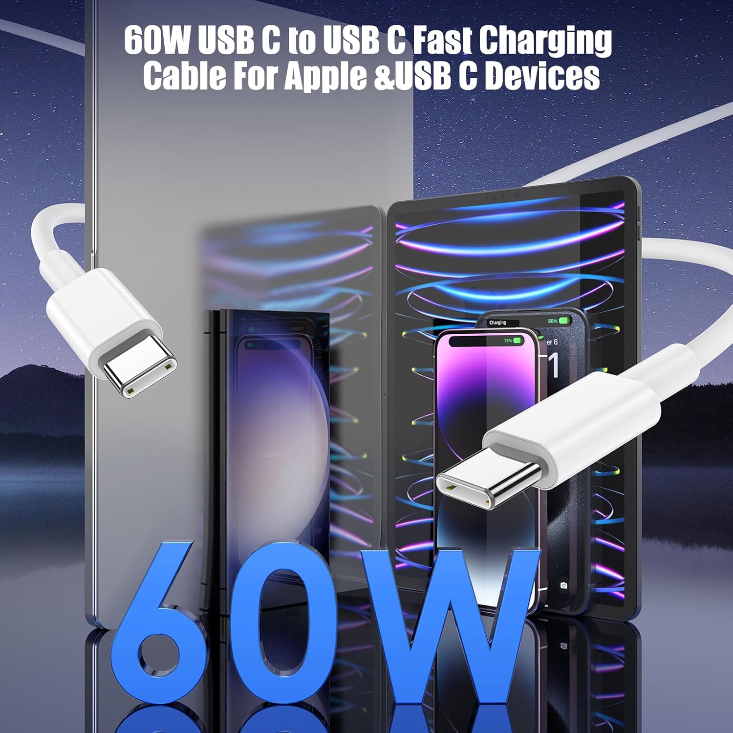 Detalle de 3-Pack 6.6FT 60W USB-C to USB-C Cable — Durable, fast-charging Type-C to Type-C Cord (3-Pack)