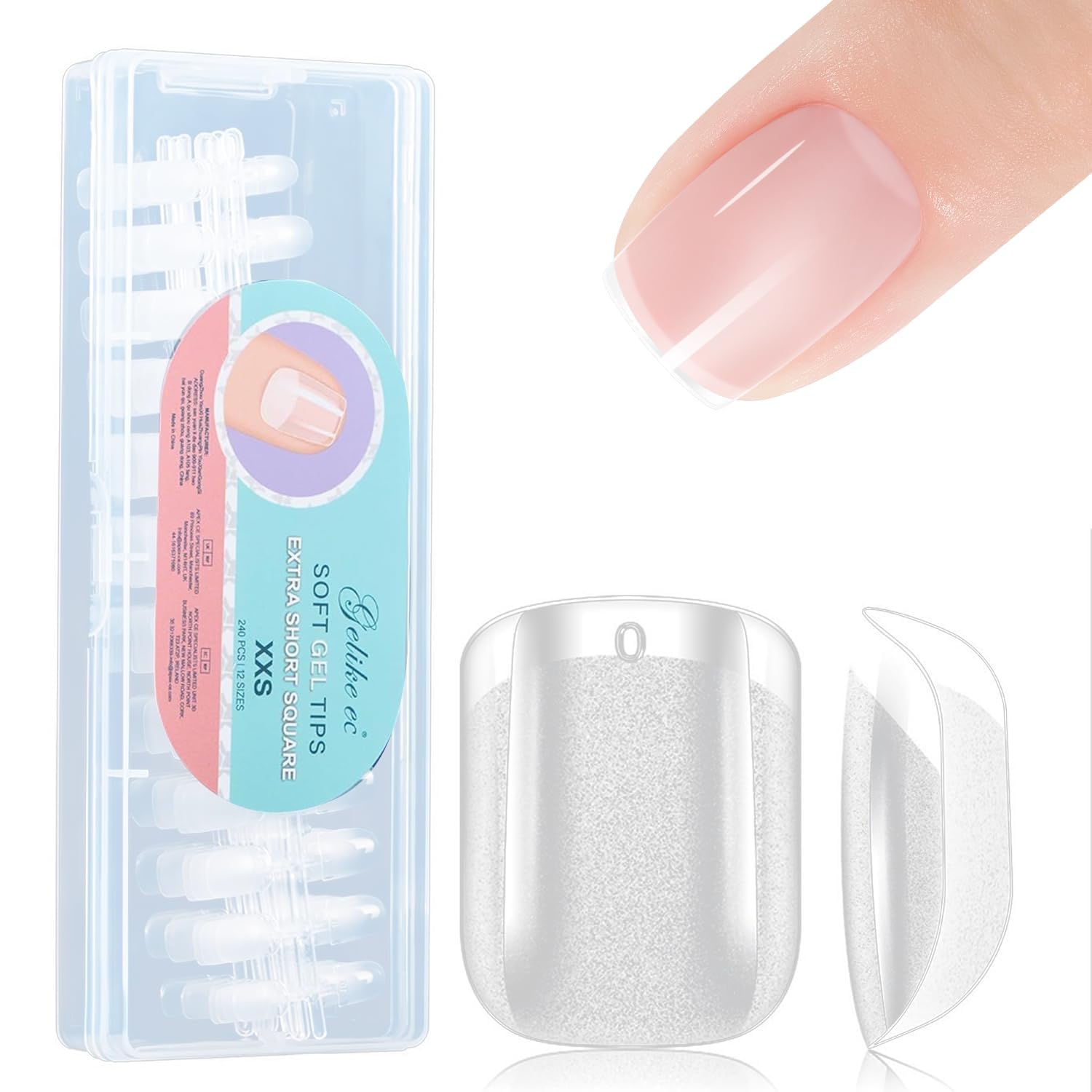 Detalle de Gelike ec Extra Kurze Quadrat Nagel Tips (Soft Gel Full Cover) – XXS Short Square, 240 Stück in 12 Größen