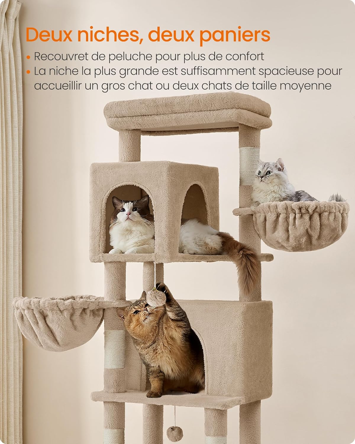 Thumbnail 4 de Feandrea Grand Arbre à Chat, Tour 175 cm – Multi-niveaux avec 2 Niches, 2 Paniers, 5 Griffoirs et Hamac (Marron Camel) PCT182K01