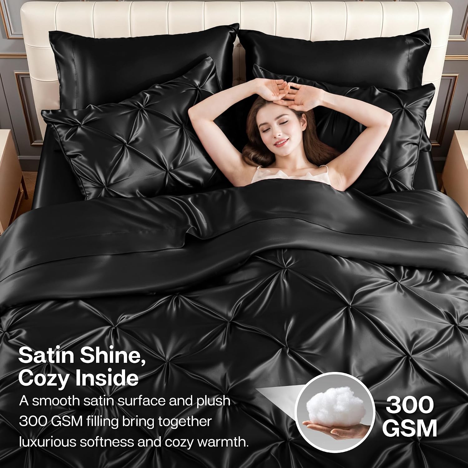 Thumbnail 2 de MR&HM Twin XL Satin Comforter Set, Black, 5-Piece Pintuck Bedding