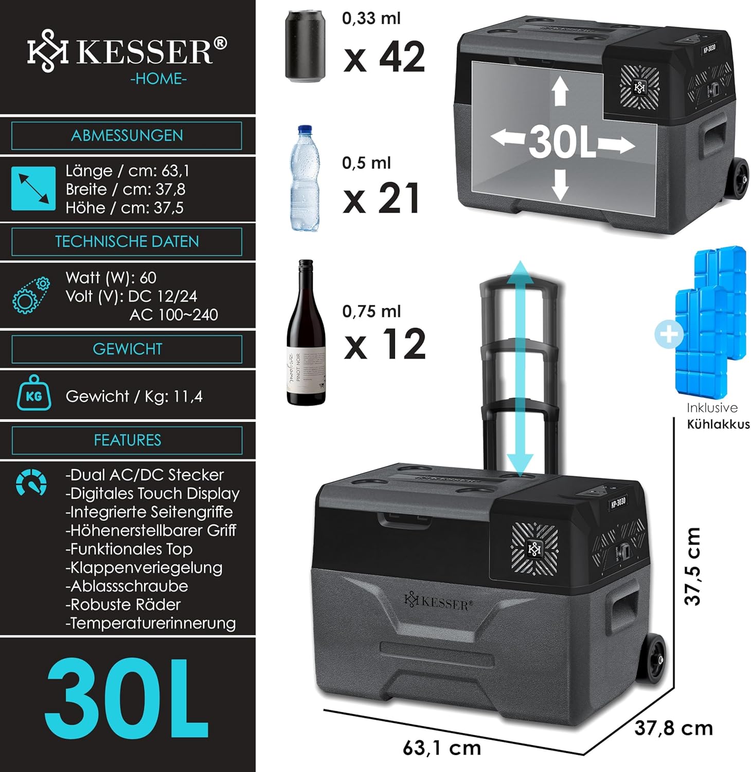 Thumbnail 6 de KESSER Kompressor-Kühlbox 30 l elektrisch 12/24/230 V mit APP-Steuerung (bis -20 °C) und Rädern