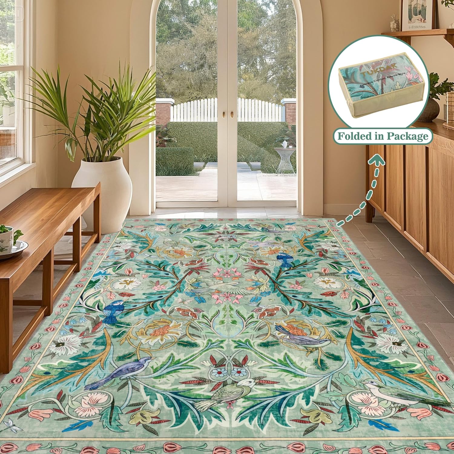 Thumbnail 5 de TUKDAK Washable Area Rug for Living Room – 160×230cm, Green Boho Soft Non-Slip Short Pile Animal Carpet