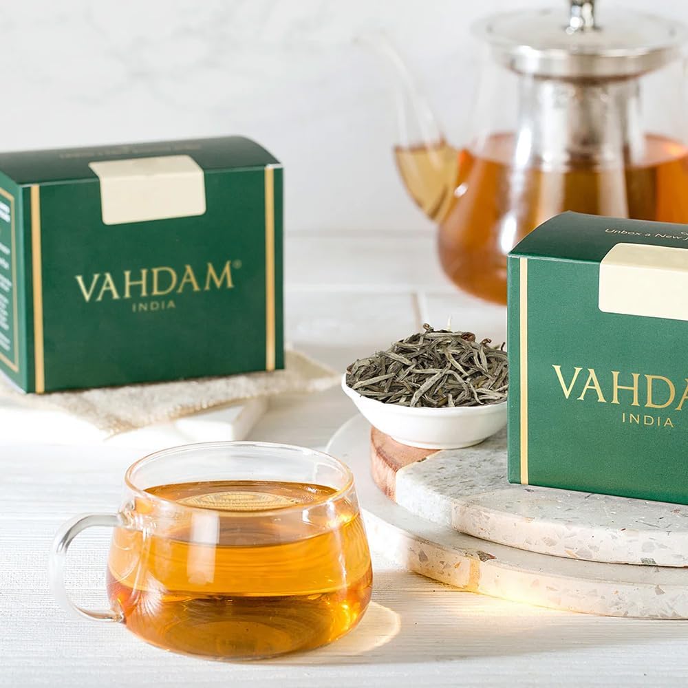 Detalle de VAHDAM Thé Blanc Silver Needle — 50 g en vrac, thé blanc pur à faible caféine