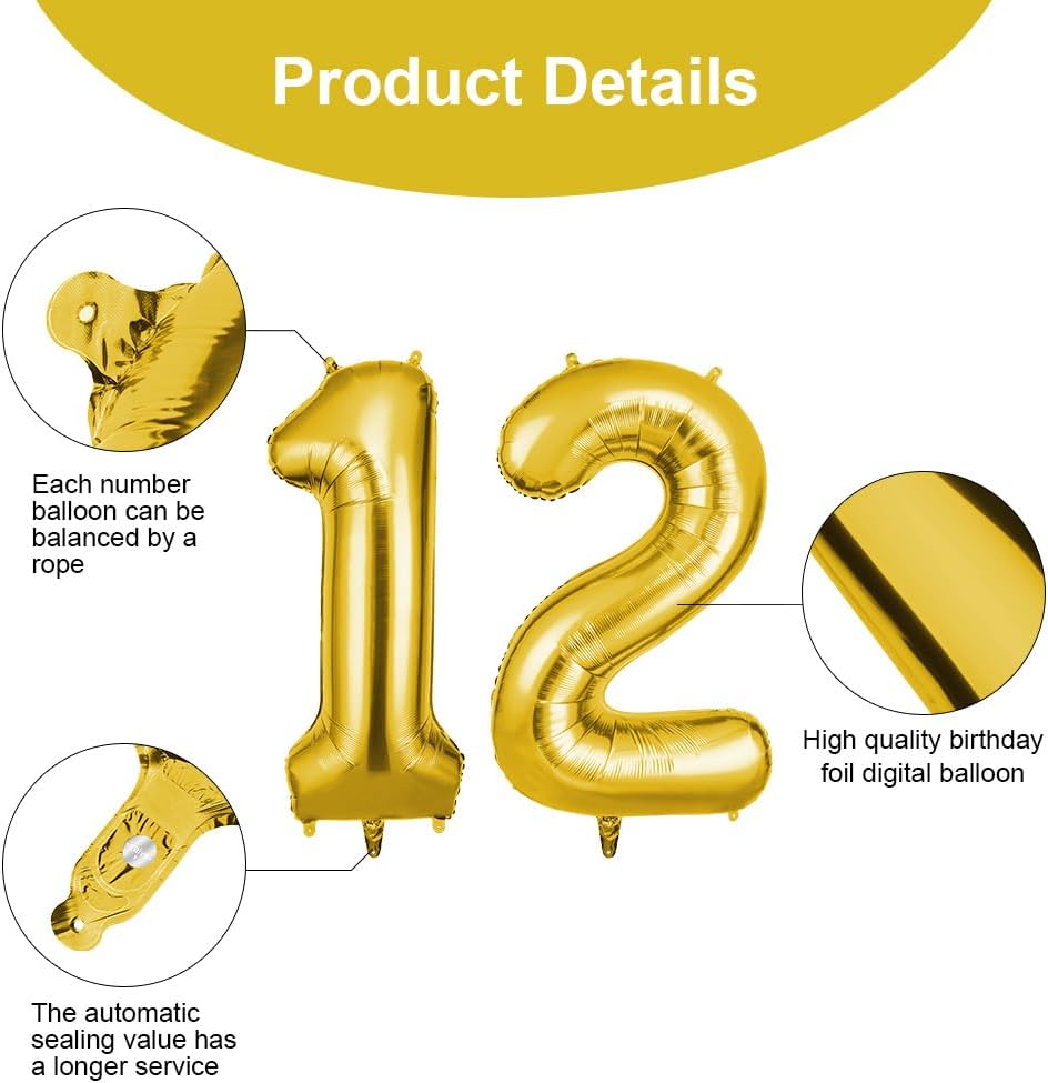 Detalle de OFFCUP 40 Inch Number 12 Balloon – Large Gold Foil Balloons (2 Pack) for Parties