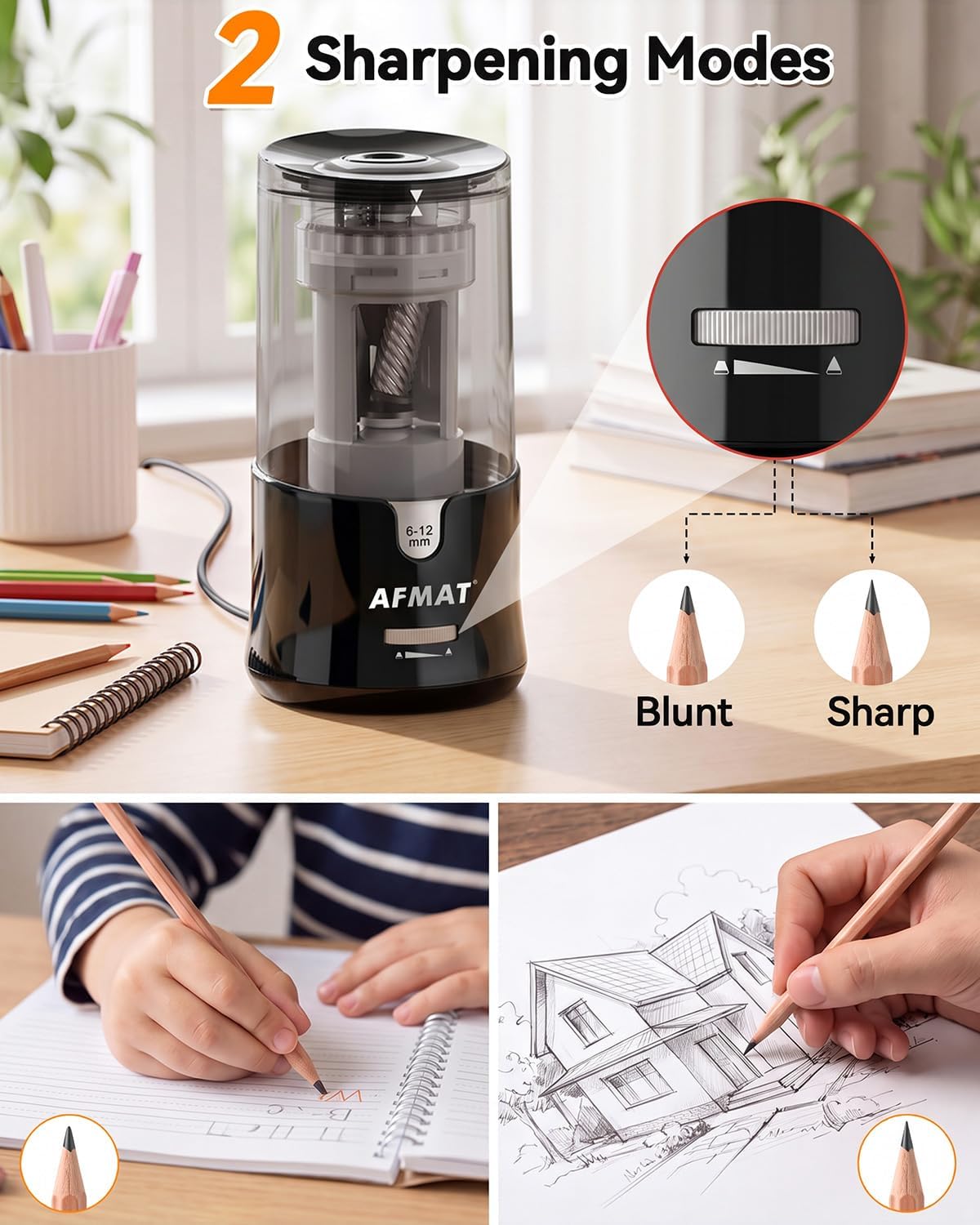 Detalle de AFMAT PS92 Electric Pencil Sharpener for 6–12 mm Pencils, Auto-Stop