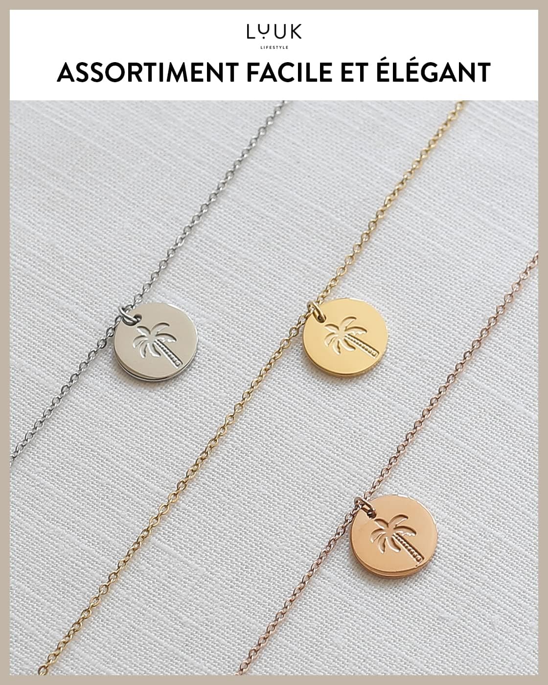 Thumbnail 5 de LUUK LIFESTYLE Collier en acier inoxydable avec pendentif palmier et carte cadeau HAPPINESS, 50 cm