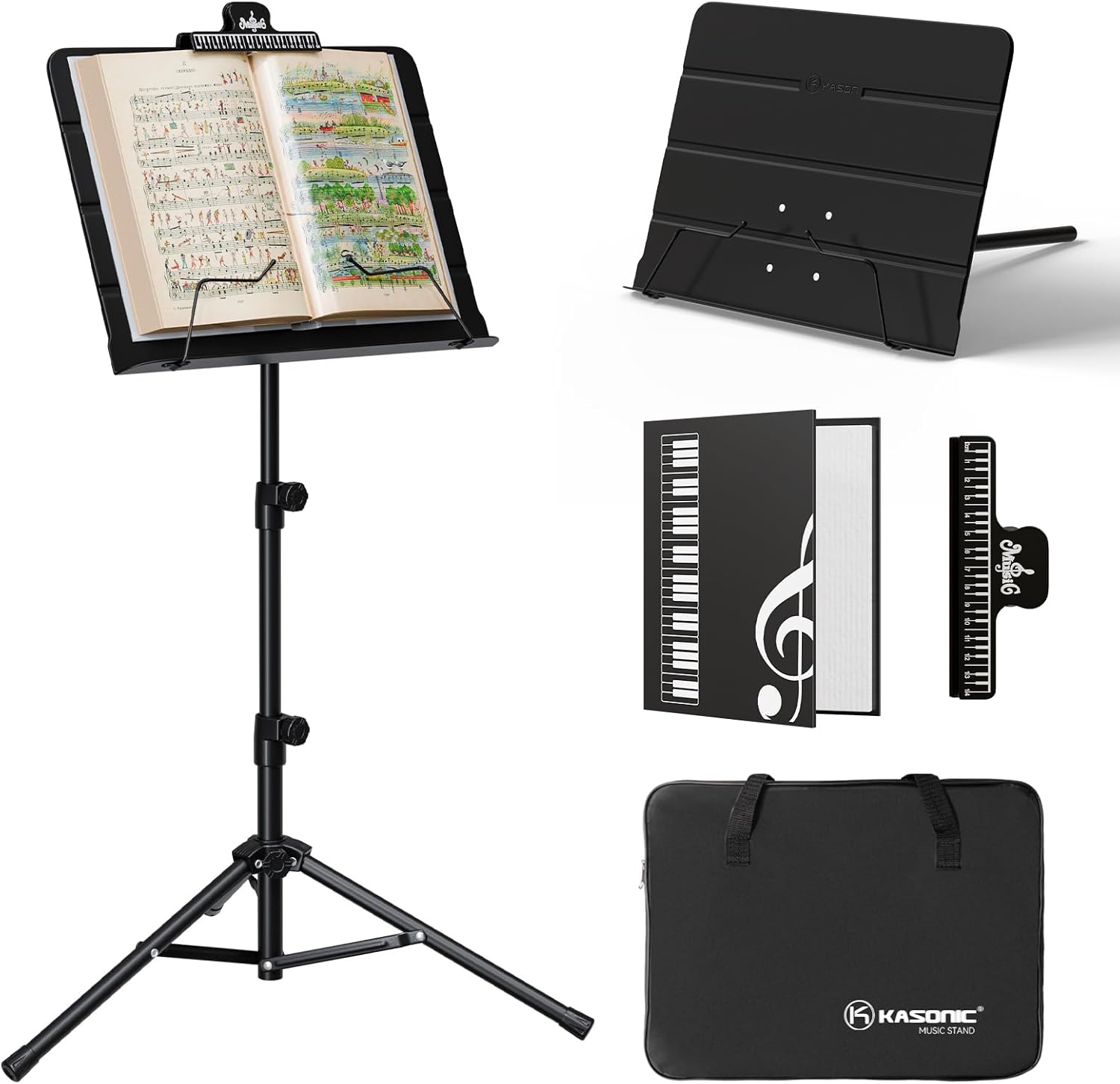 Detalle de K KASONIC Faltbarer Notenständer 2-in-1: stabiler Dreibein-Stativ und Tischständer in Schwarz