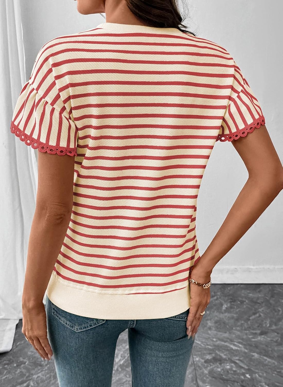 Detalle de SHEWIN Women Summer Loose Fit Top: Trendy Rib Knit Stripe Shirt (2026)