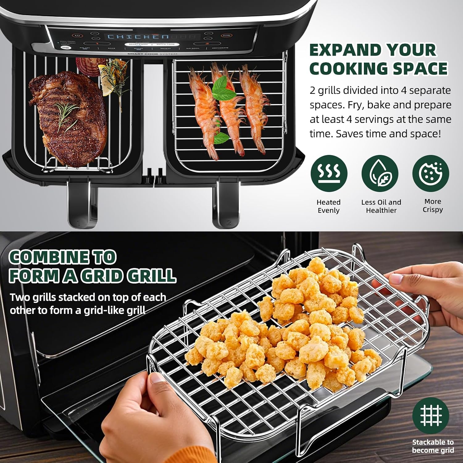 Detalle de PETHREE PT-GJP-XX-2508120 Air Fryer Rack, 2-Piece 304 Stainless Steel