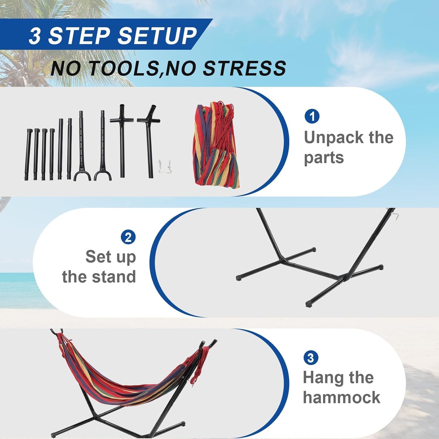 Detalle 2 de Blue 2 Person Hammock with Stand for Outside (600lbs capacity) + Carry Bag