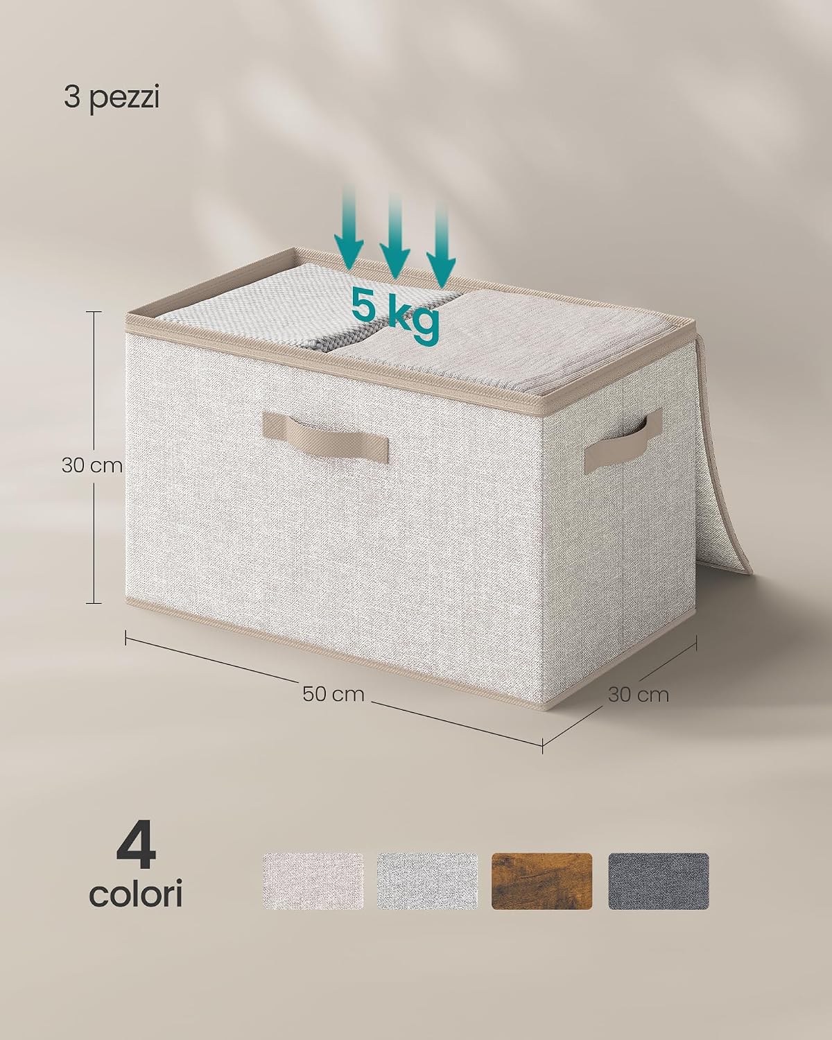 Detalle 2 de SONGMICS set di 3 scatole portaoggetti pieghevoli con coperchio e maniglie Beige Sabbia (50 x 30 x 30 cm)