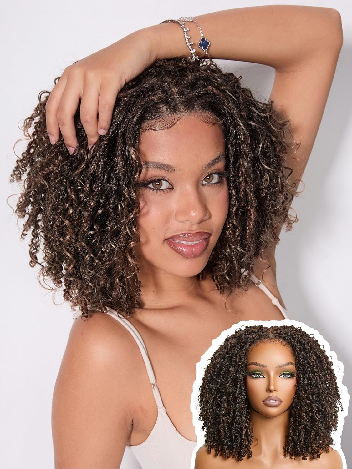 Detalle de Frodio Veralux Fiber 10'' Synthetic HD Lace Wig – Micro Twist Curly, Glueless with Bangs