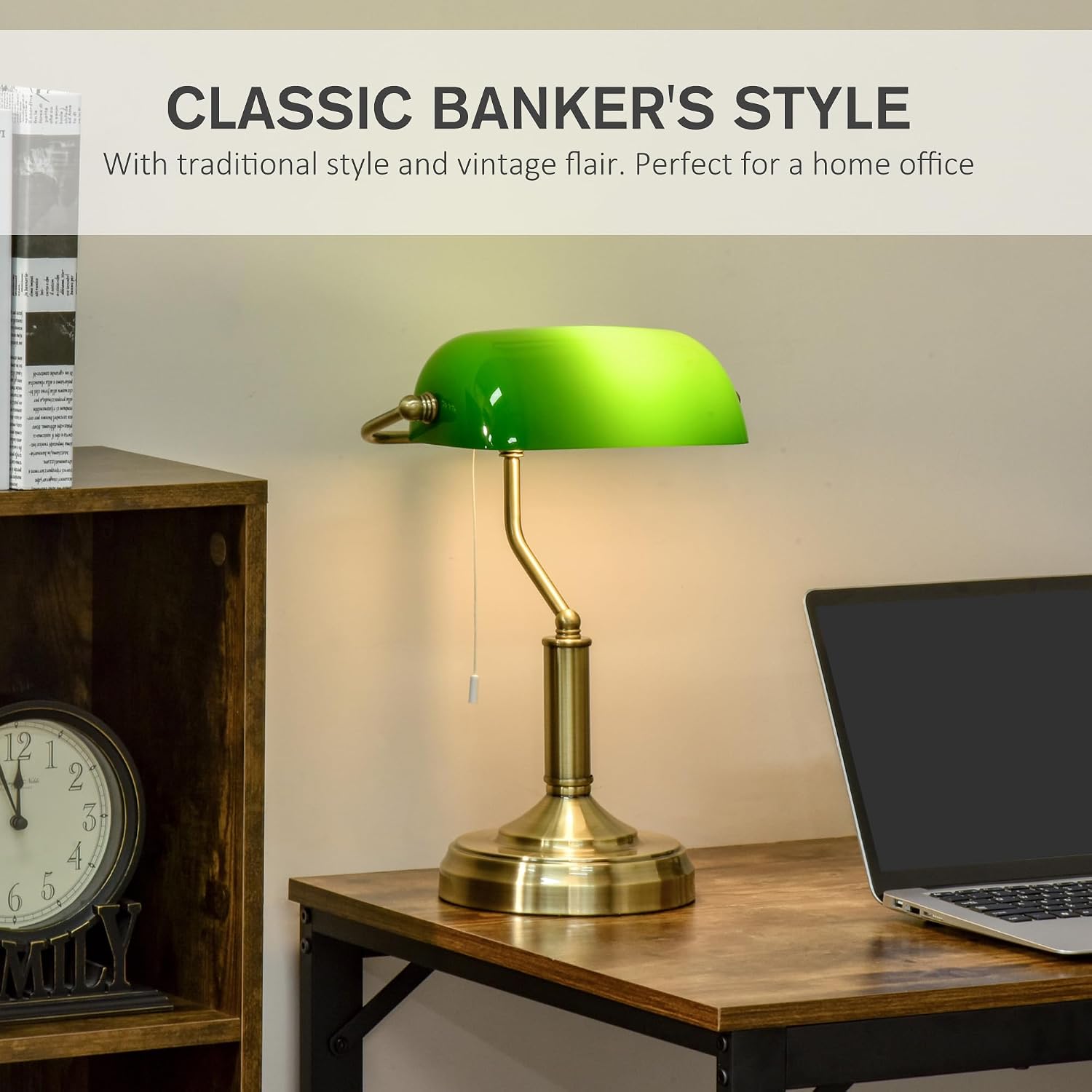 Detalle de HOMCOM Banker's Table Lamp with Glass Shade Green