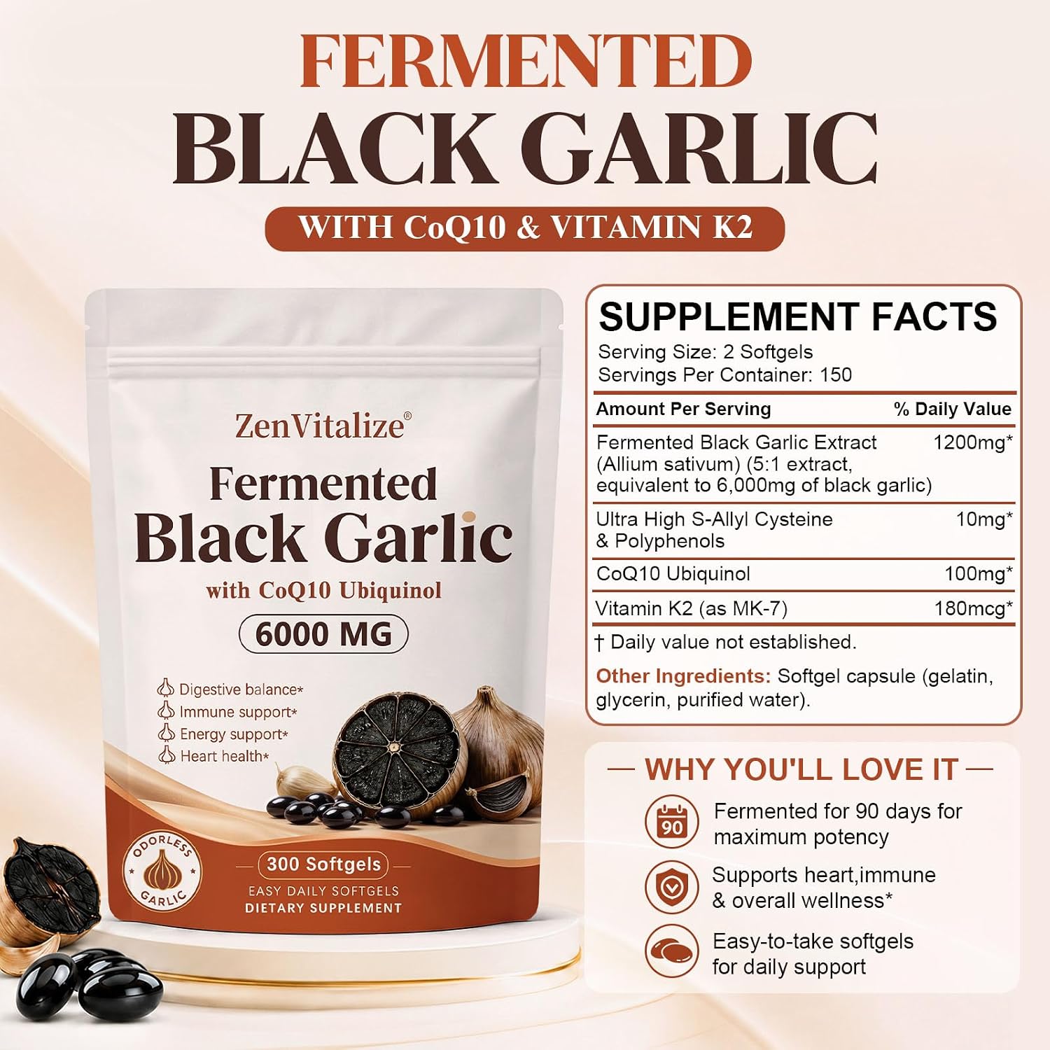 Detalle de ZenVitalize JKM-007 Aged Fermented Black Garlic Softgels, CoQ10, Ubiquinol & K2 MK-7, 300 Count