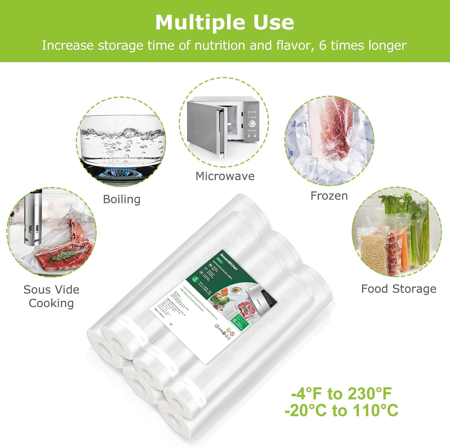 Detalle de Bonsenkitchen Vacuum Sealer Rolls Bags — 3 Rolls 11x20' + 3 Rolls 8x20' (BPA-Free, 4 Mil, Microwave/Boil Safe)