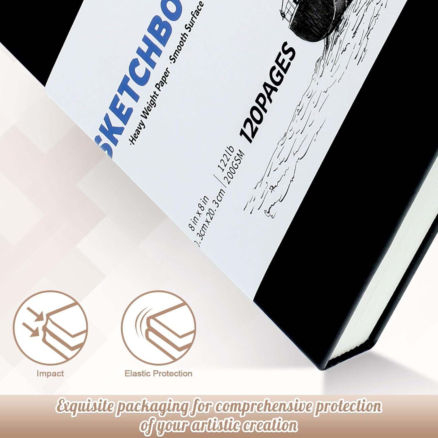 Detalle de Square Sketch Book Hardback (20 x 20 cm) with 200GSM Thick Paper – 60 Sheets / 120 Pages