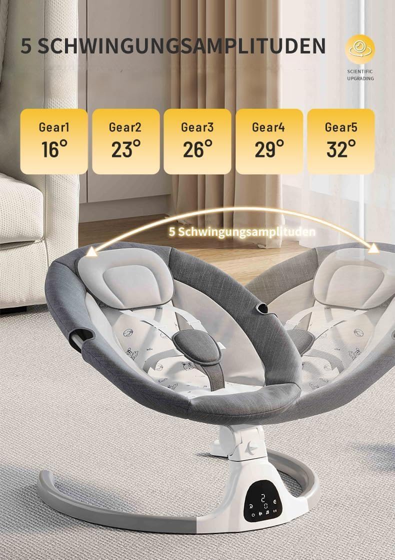 Detalle 2 de Bluetooth-Baby-Schaukel für Säuglinge – 5 Geschwindigkeiten, 12 Schlaflieder, Bluetooth- & USB-Verbindung