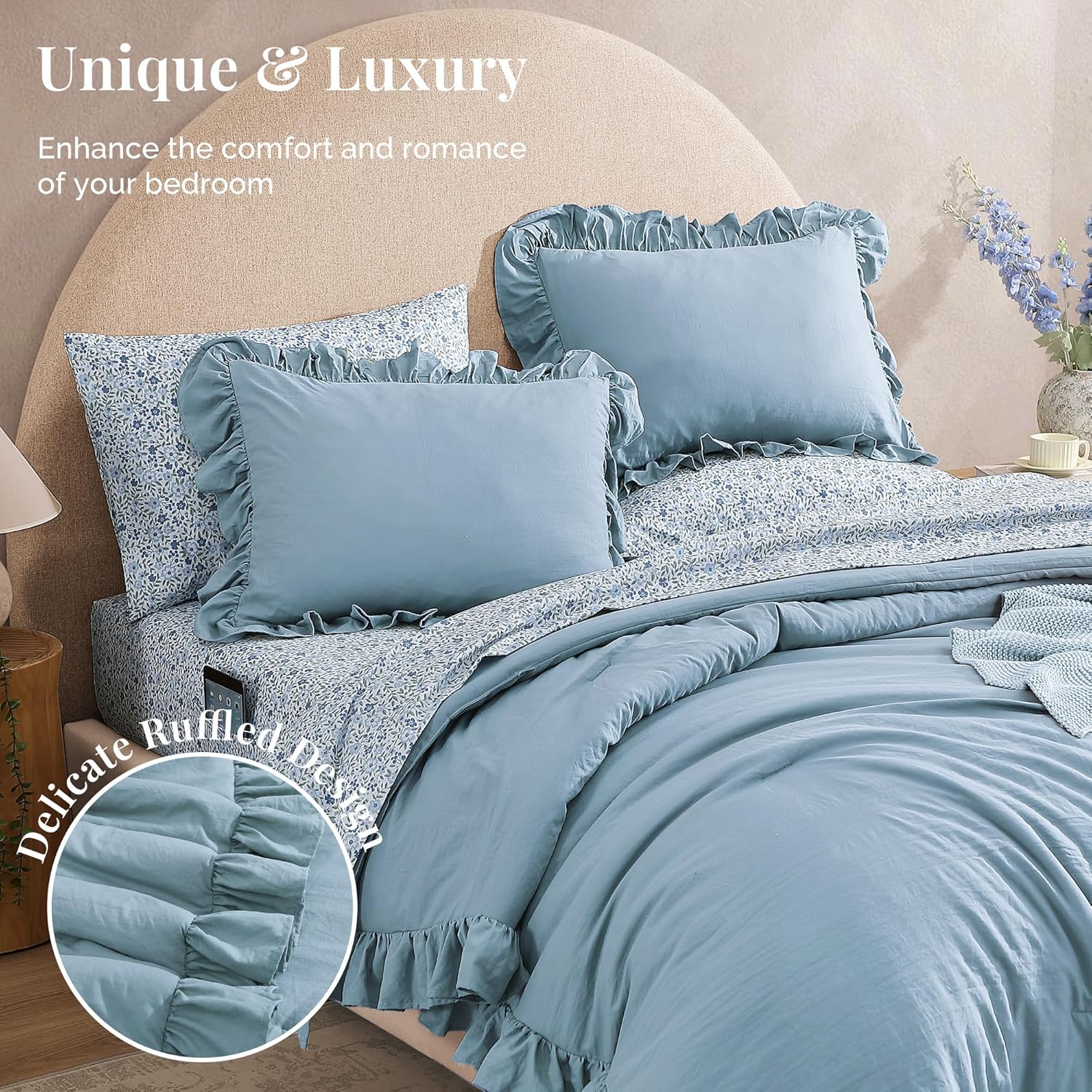 Thumbnail 4 de BLOOMHAVEN Queen Comforter Set – 7 Pieces in Ruffle Blue Floral, Ultra-Soft Microfiber