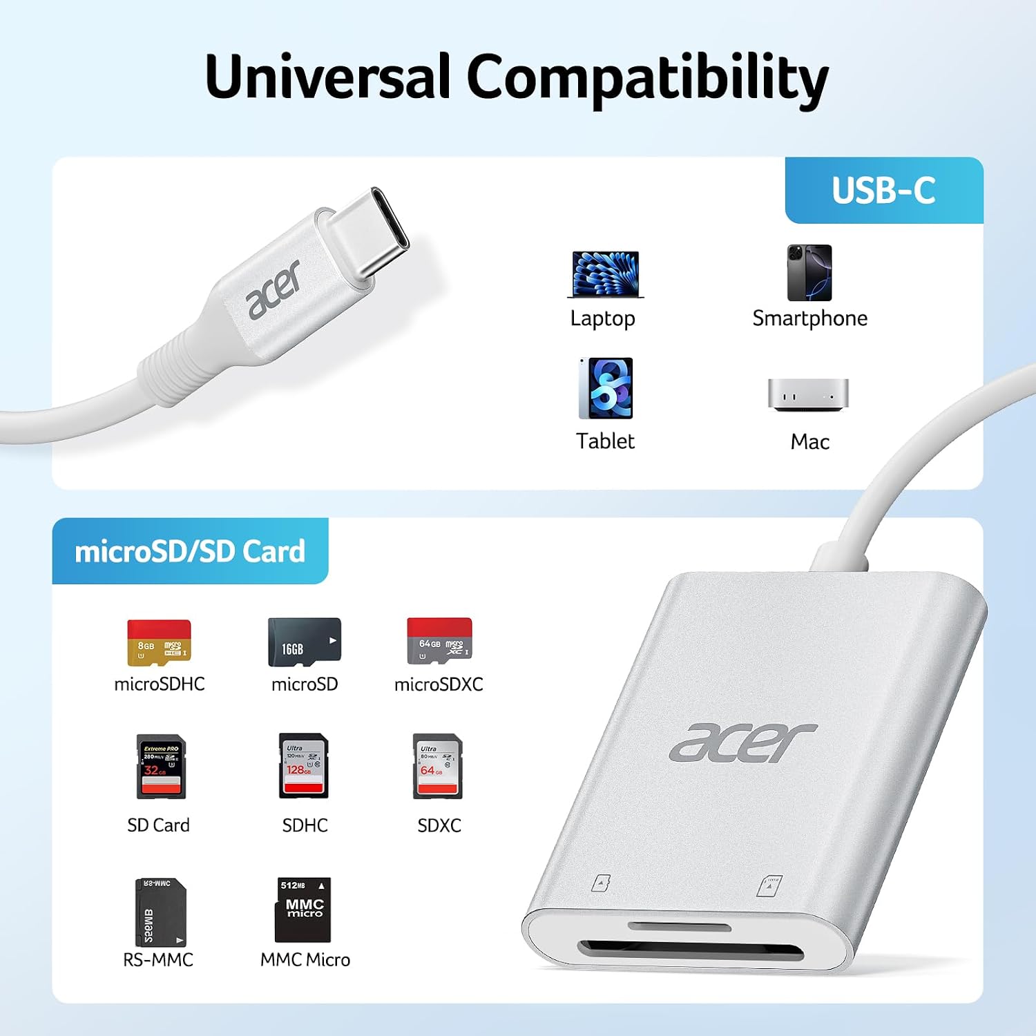 Thumbnail 6 de Acer USB-C SD Card Reader: High-Speed Dual SD/MicroSD USB-C Card Adapter