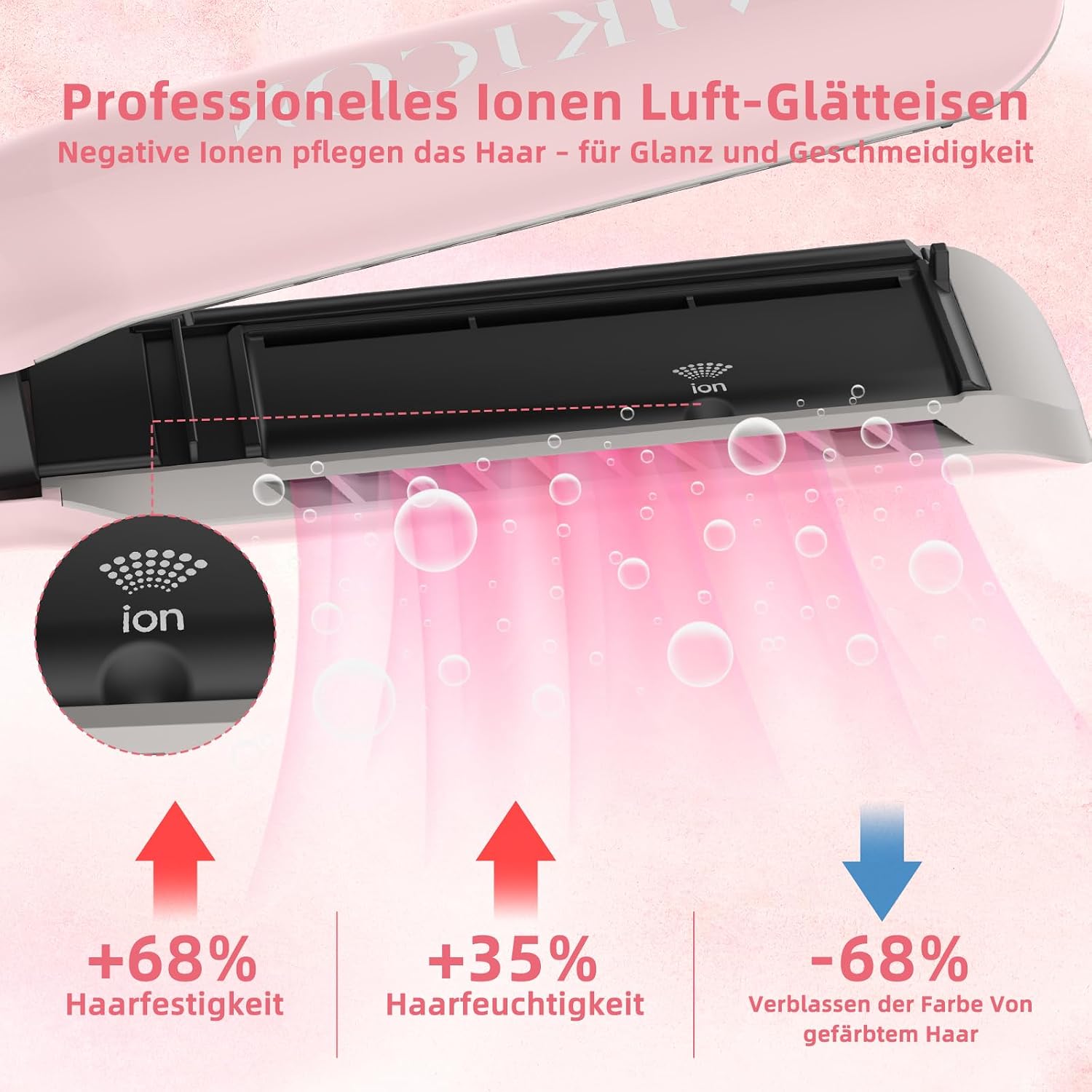 Detalle de VIKICON Air Haarglätter – Professionelles Ionen Luft-Glätteisen (Hellrosa), 2-in-1 Glätten und Trocknen