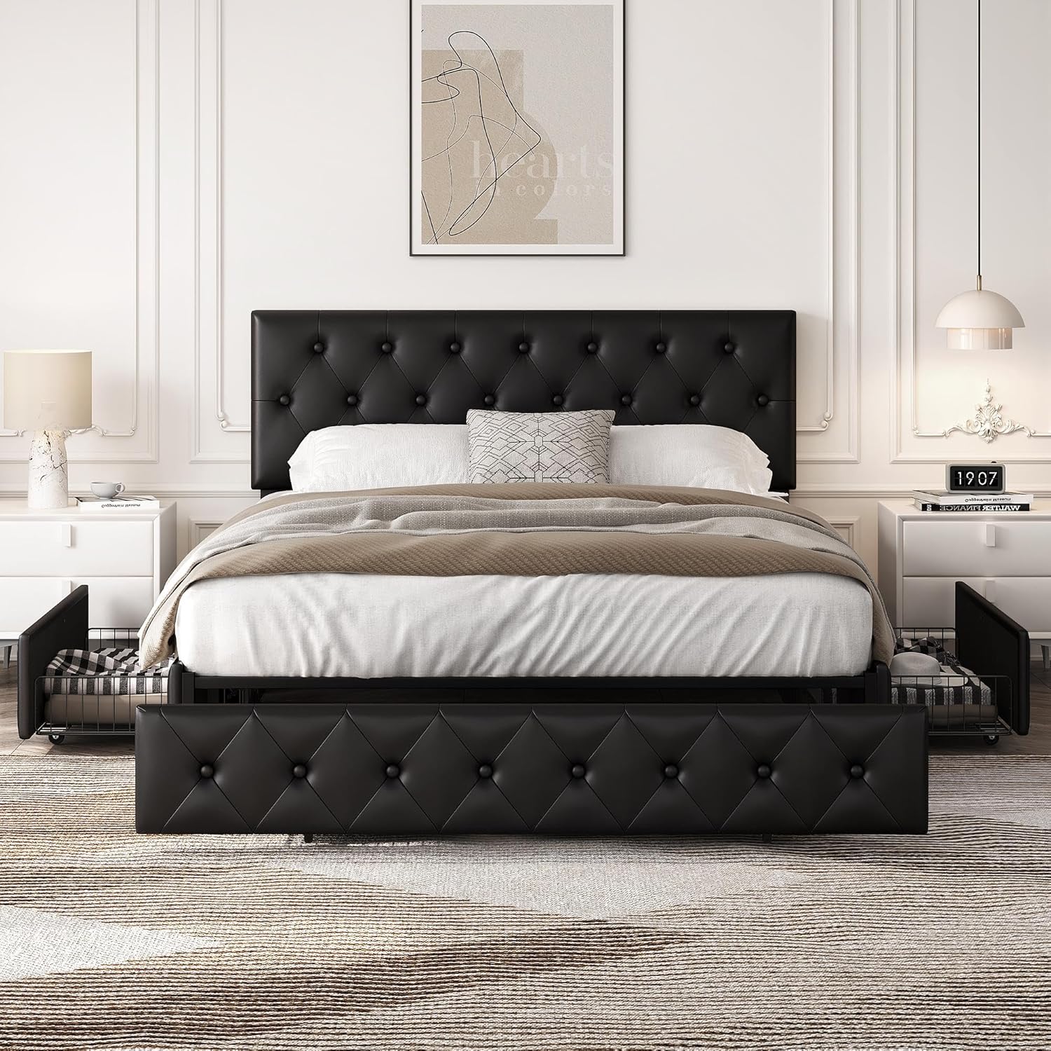 Detalle de Yaheetech Queen Bed Frame with 3 Drawers and Adjustable Headboard, Black