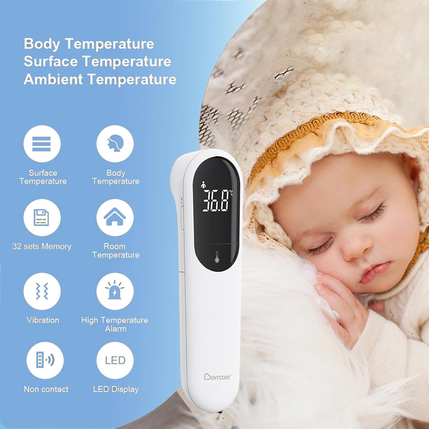 Detalle de Berrcom Kontaktloses Infrarot-Stirnthermometer mit Dual-Sonden-Technologie (für Kinder & Erwachsene)