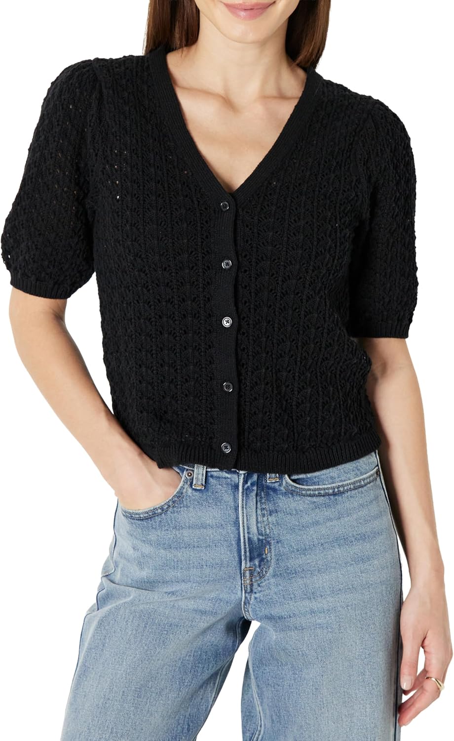 Detalle de Amazon Essentials Damen Kurzärmeliger Häkel-Cardigan aus Baumwolle – leichtes, atmungsaktives Sommertop mit V-Ausschnitt