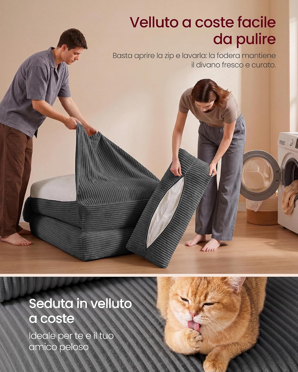 Thumbnail 4 de VASAGLE Poltrona Letto Pieghevole Camila LCS211G101 in velluto grigio piombo — 89x89x78 cm chiuso / 89x195x43 cm aperto